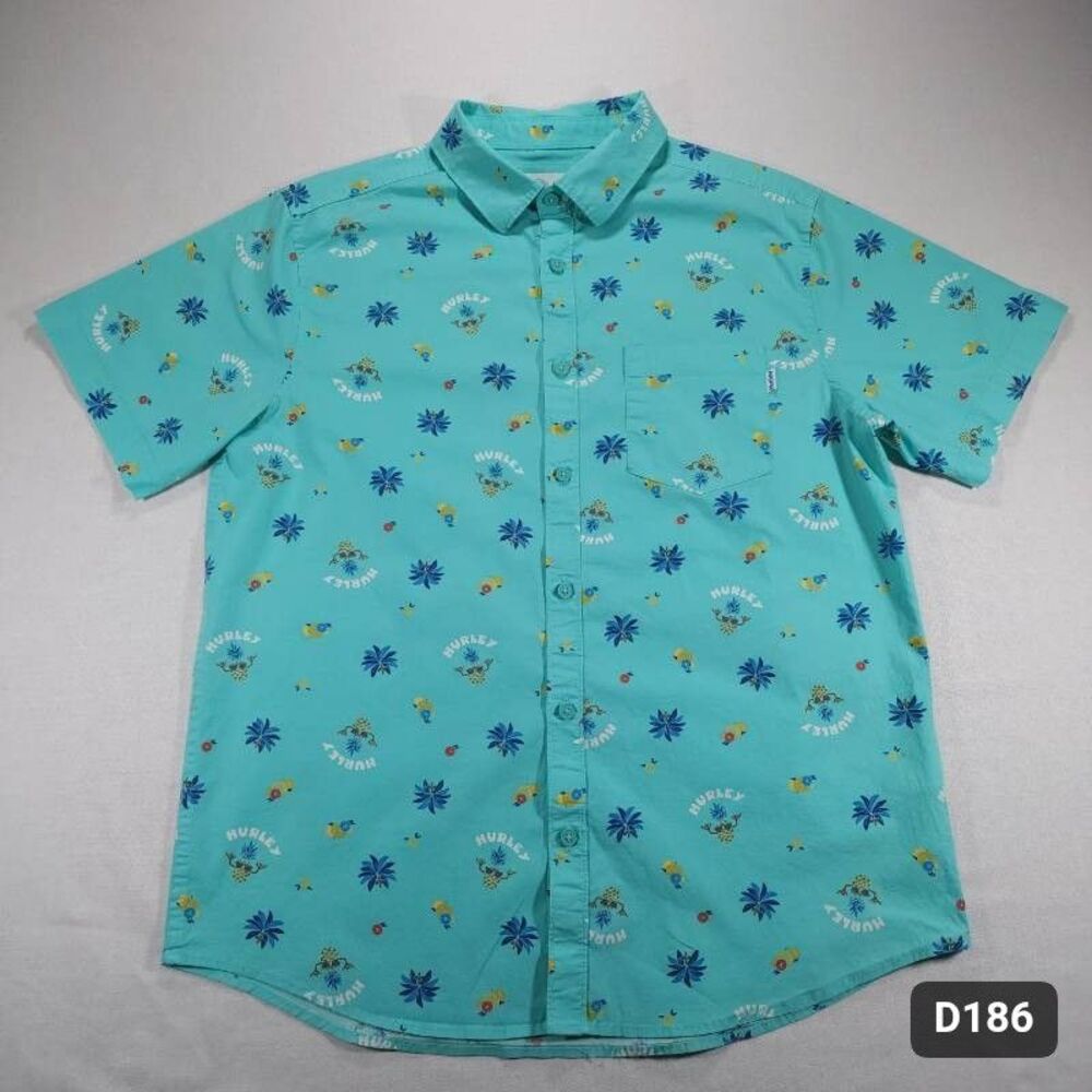 Hurley Resort Tropical Print Short Sleeve Button Up Shirt Medium Turquoise